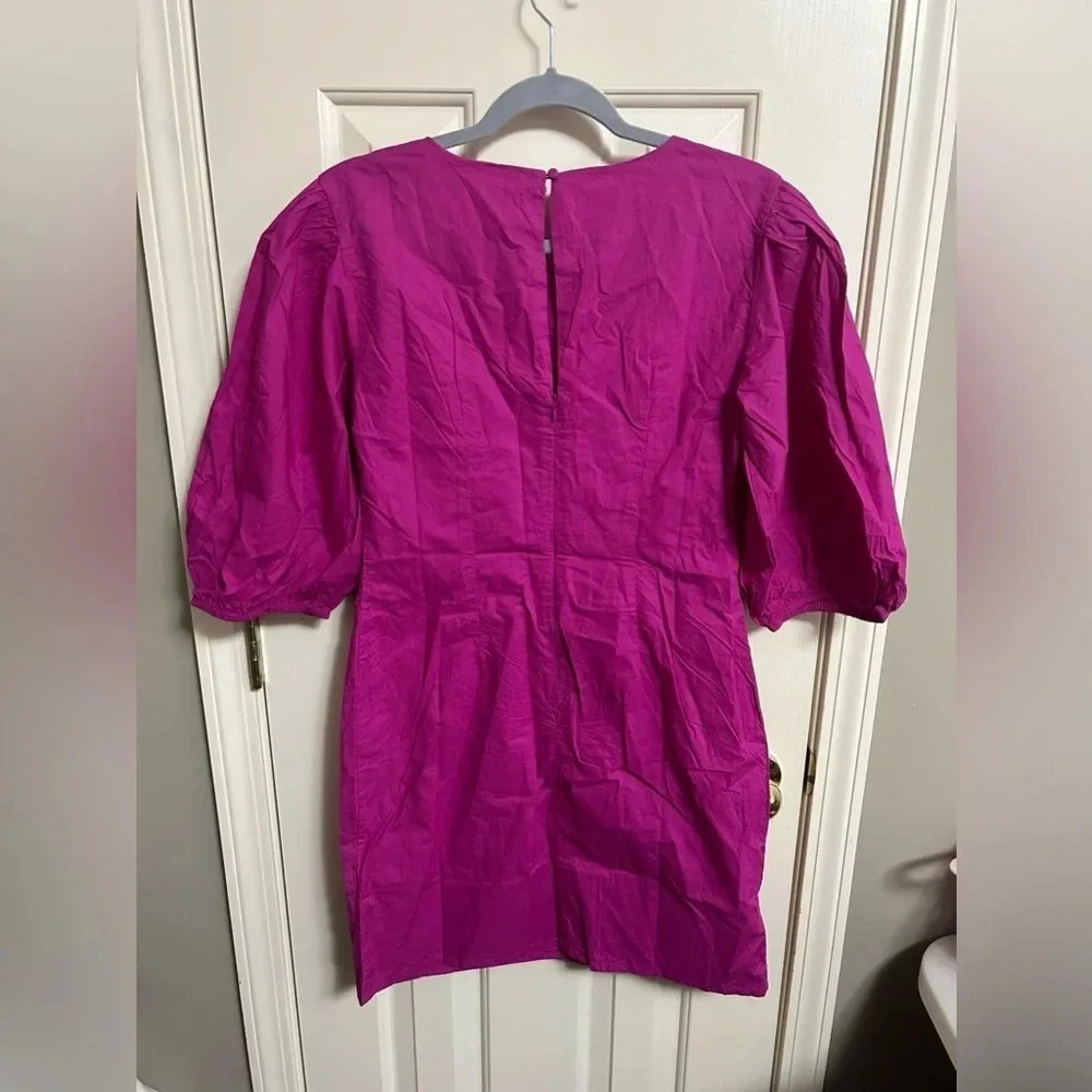 Free People Hope Fuchsia Pink Ruched Puff Sleeve Cotton Mini Dress Medium New - Picture 6 of 8